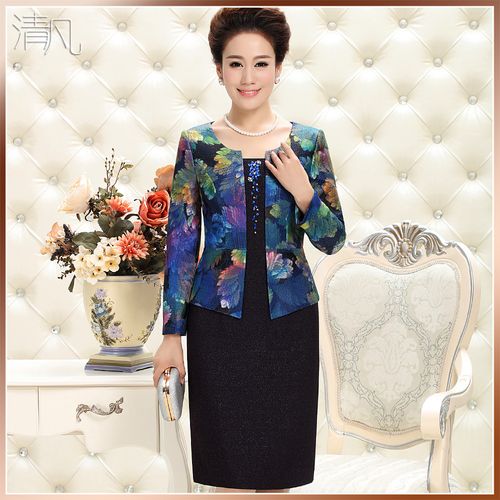 清凡高檔婚禮媽媽裝連衣裙長袖春裝新款時尚藍色假兩件結(jié)婚禮服裝產(chǎn)品